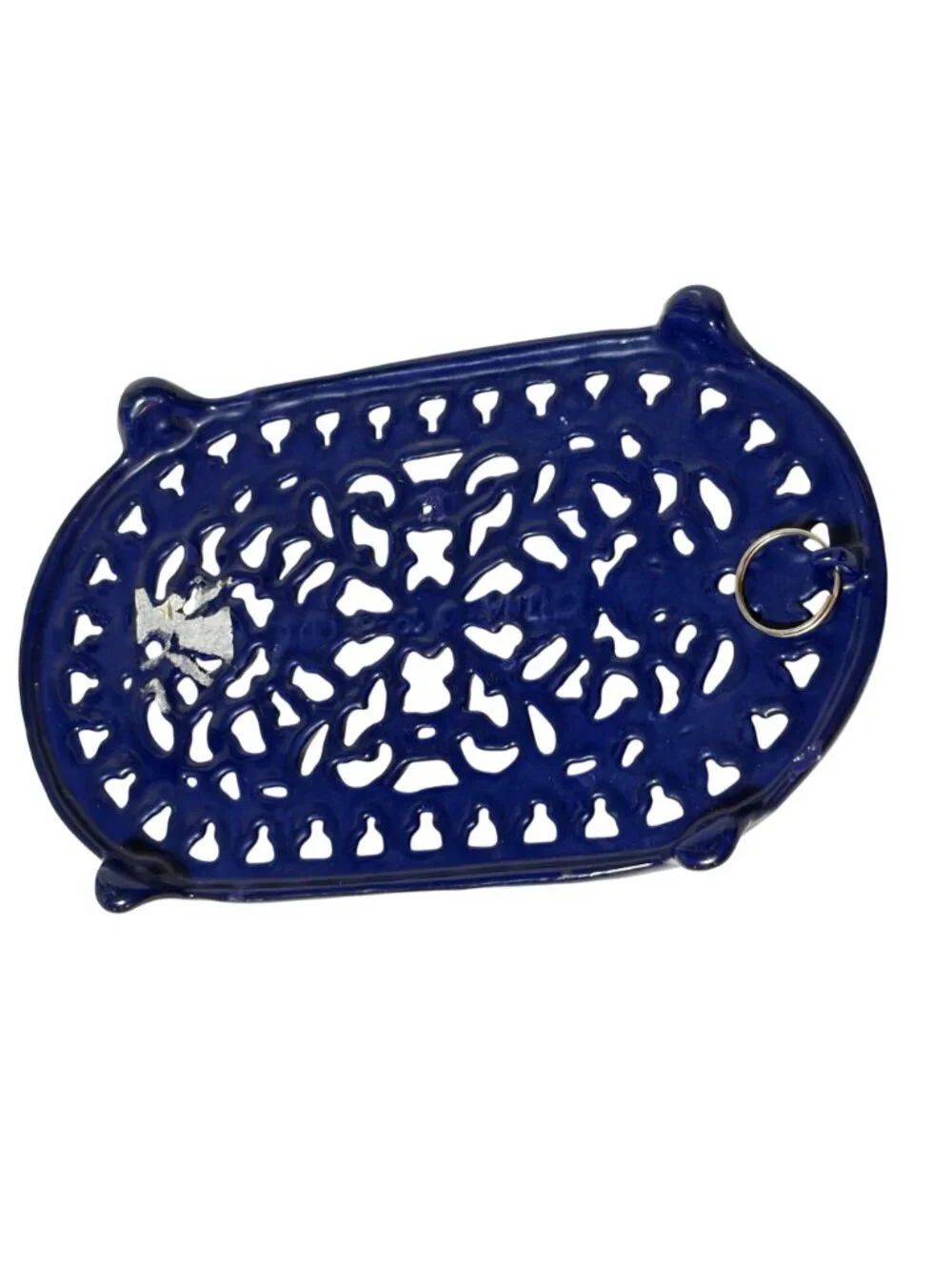 Cobalt Blue Cast Iron Heavy Trivet Oval 10x6 Filigree